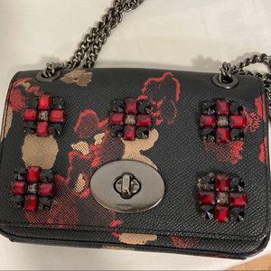 Coach red black flower mini shoulder chain bag
